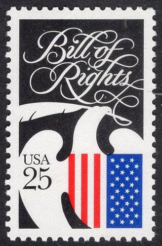 10 BILL of RIGHTS 1st 10 AMMENDMENTS Constitution 25c Mint Stamps Speech Religion Arms Assemble - Vintage 1989 - Stock# 2421