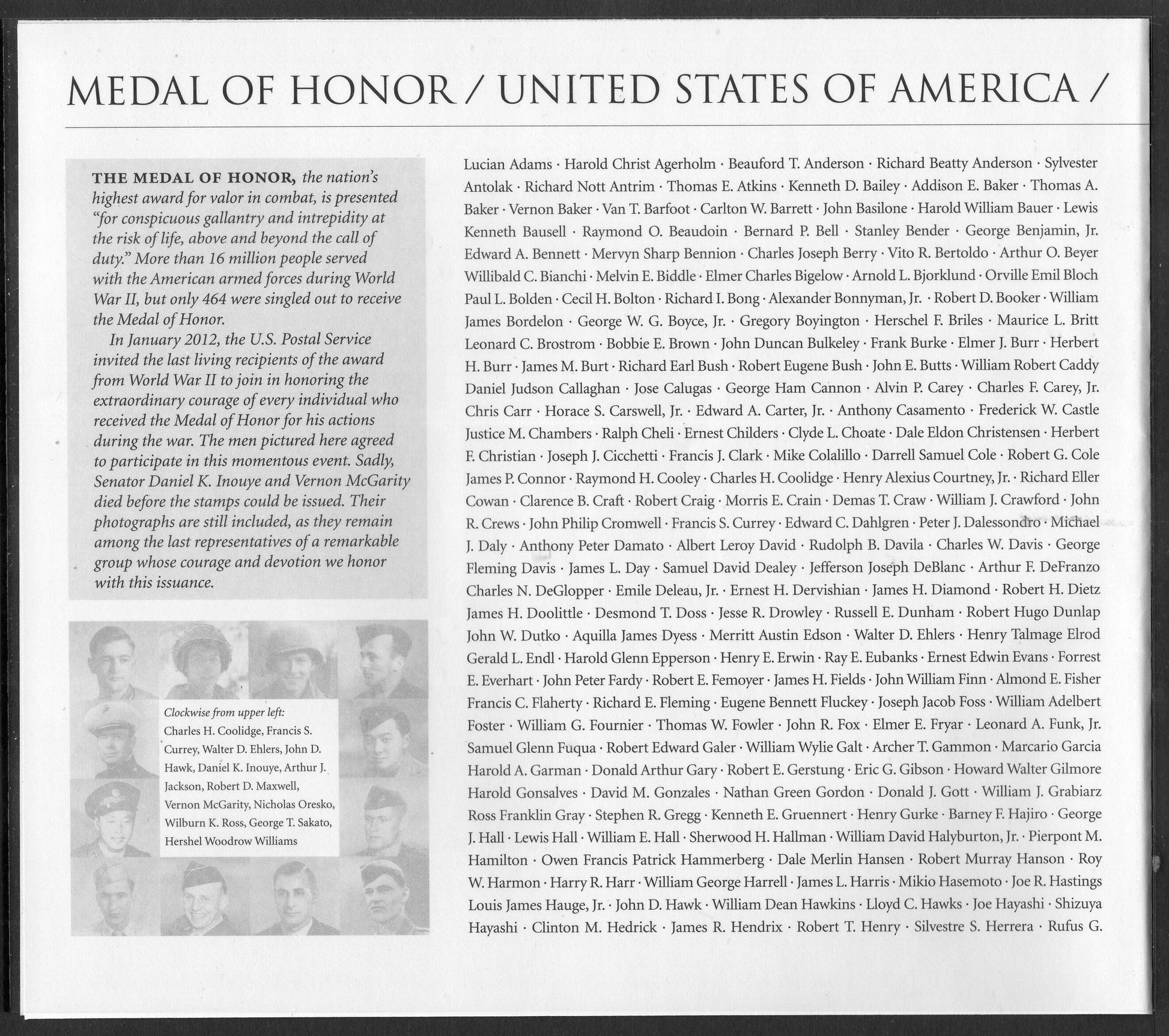 MEDAL of HONOR WORLD War 2 Recipients Post Office Issued Folio w/20 Stamps, Names - 4 scans- Vintage 2013-Stock# 4922F-FreeUSA Ship