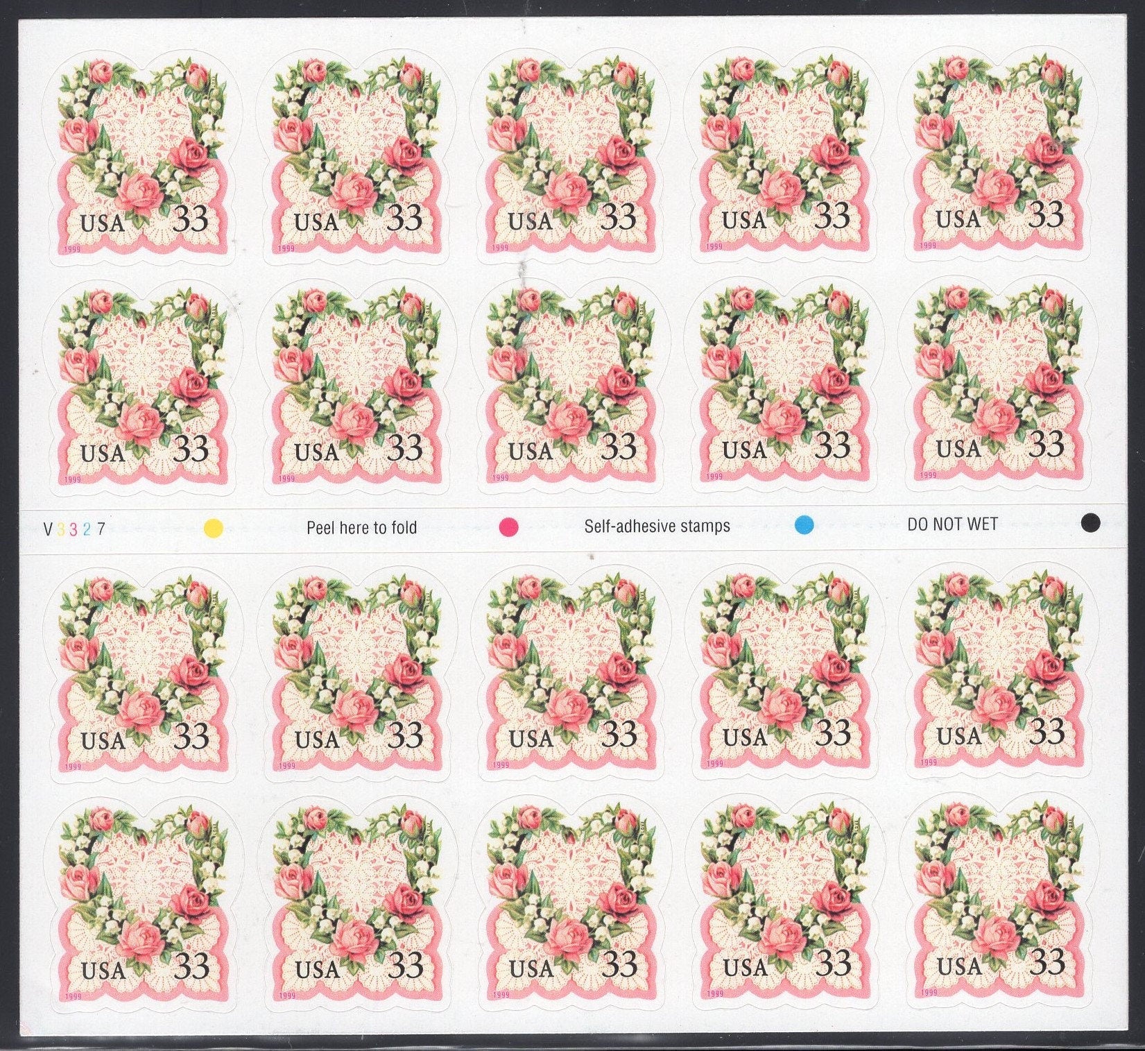 LOVE HEART VICTORIAN Flower Wreath Wedding 33c Sheet of 20 Bright Fresh- Vintage 1999 Stock# 3974 ping