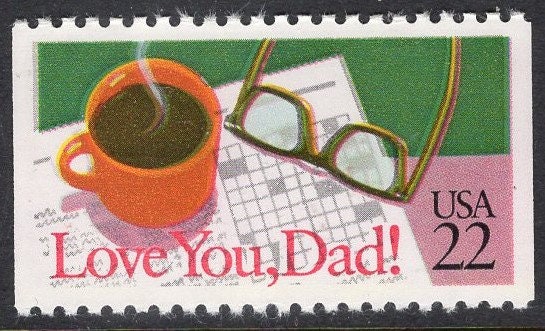 5 LOVE YOU DAD Father Coffee Glasses Bright Fresh Postage Stamps - Good for Wedding Themes too- Vintage 1987 - Stock# 2270 