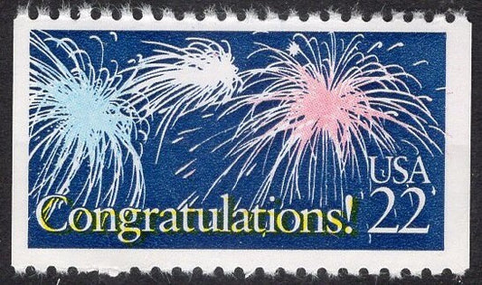 5 FIREWORKS CONGRATULATIONS NIGHT Sky Bright Fresh Postage Stamps - Good for Wedding Themes too- Vintage 1987 - Stock# 2267 