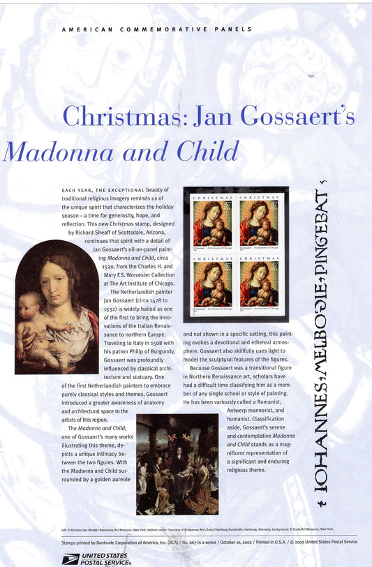 CHRISTMAS MADONNA CHILD Commemorative Panel w/ Block of 4 Stamps Illustrations Text Great Gift 8.5x11 Vintage 2002 Stock# 667 