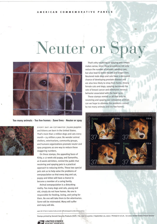 PETS SPAY NEUTER Dog Cat Commemorative Panel w/ Block of 4 Stamps Illustrations Text Great Gift 8.5x11 Vintage 2002 Stck# 666 