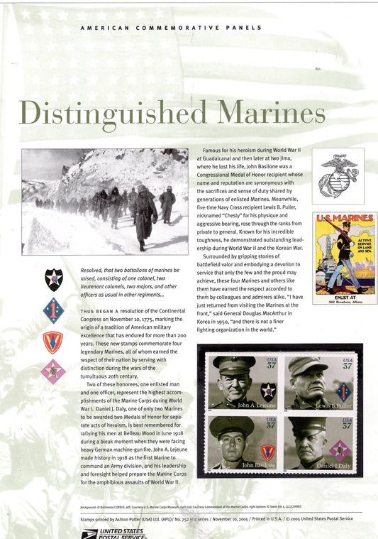 DISTINGUISHED MARINES MILITARY Commemorative Panel w/ Block of 4 Stamps Illustrations Text Great Gift 8.5x11 Vintage 2005 # 752-FreeUSA Ship