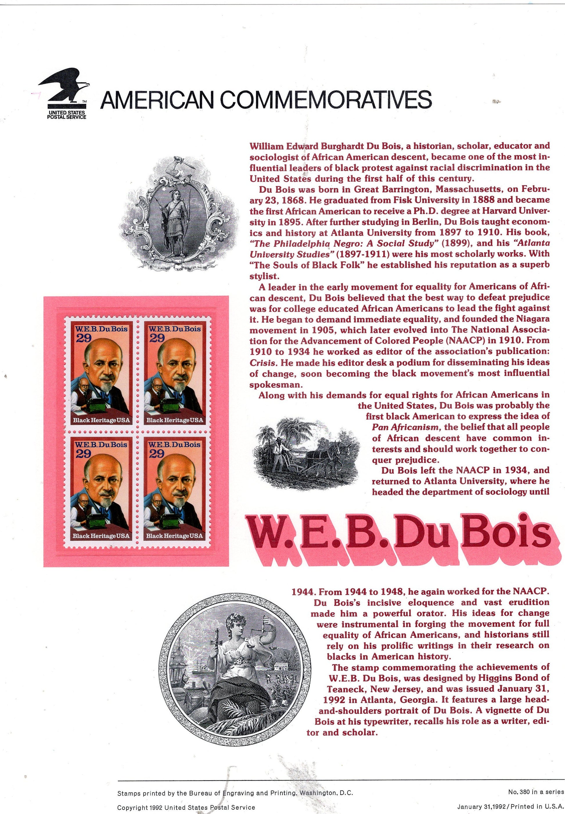 W.E.B. DeBois BLACK HERITAGE Rights Commemorative Panel w/Block of 4 Stamps Illustrations Text Great Gift 8.5x11-Year 1992 #380-FreeUSA Ship