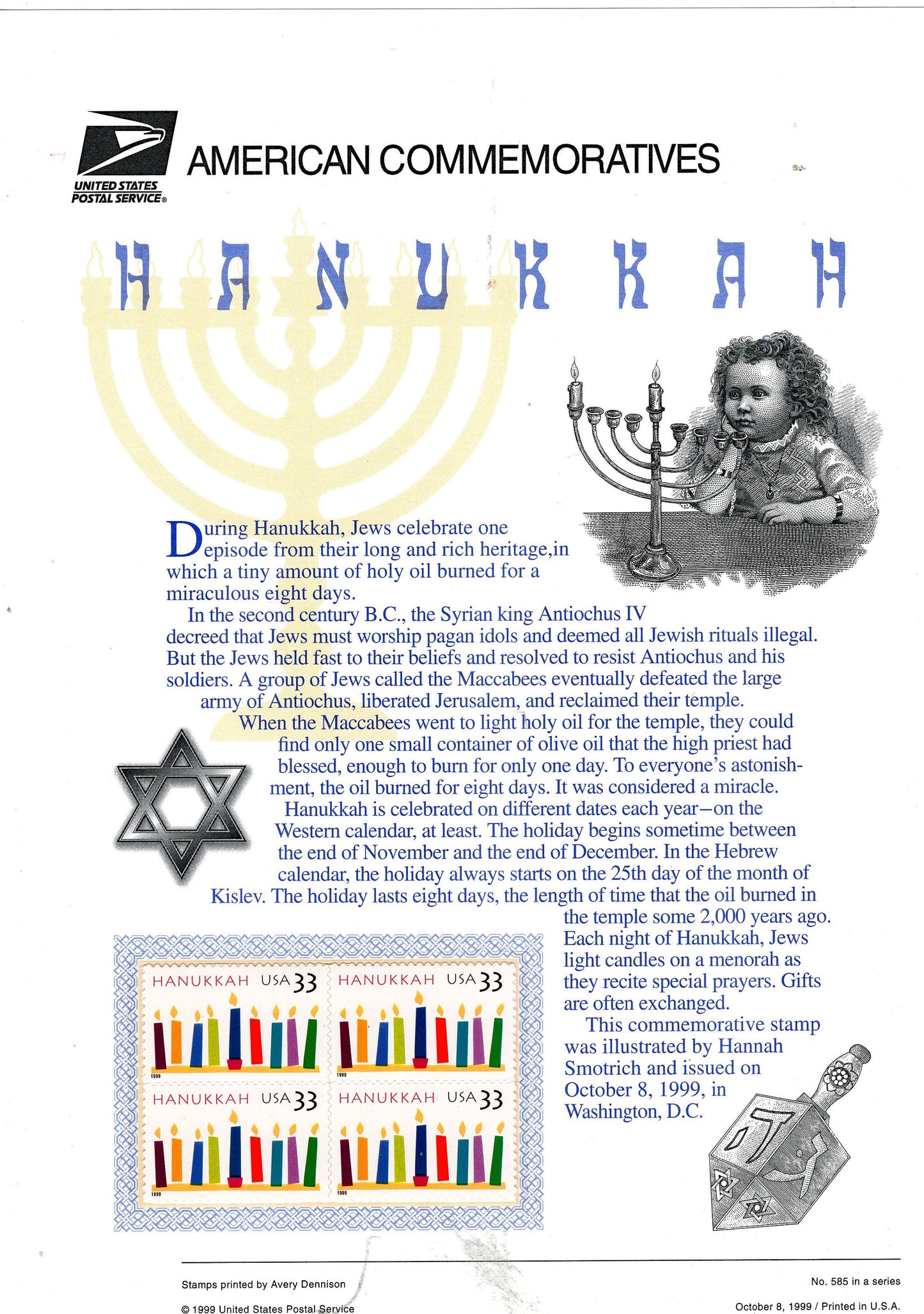 HANUKKAH MENORAH DREIDEL Commemorative Panel w/Block of 4 Stamps Illustrations Text Great Gift 8.5x11 -Year 1999 #585- FreeUSA Ship