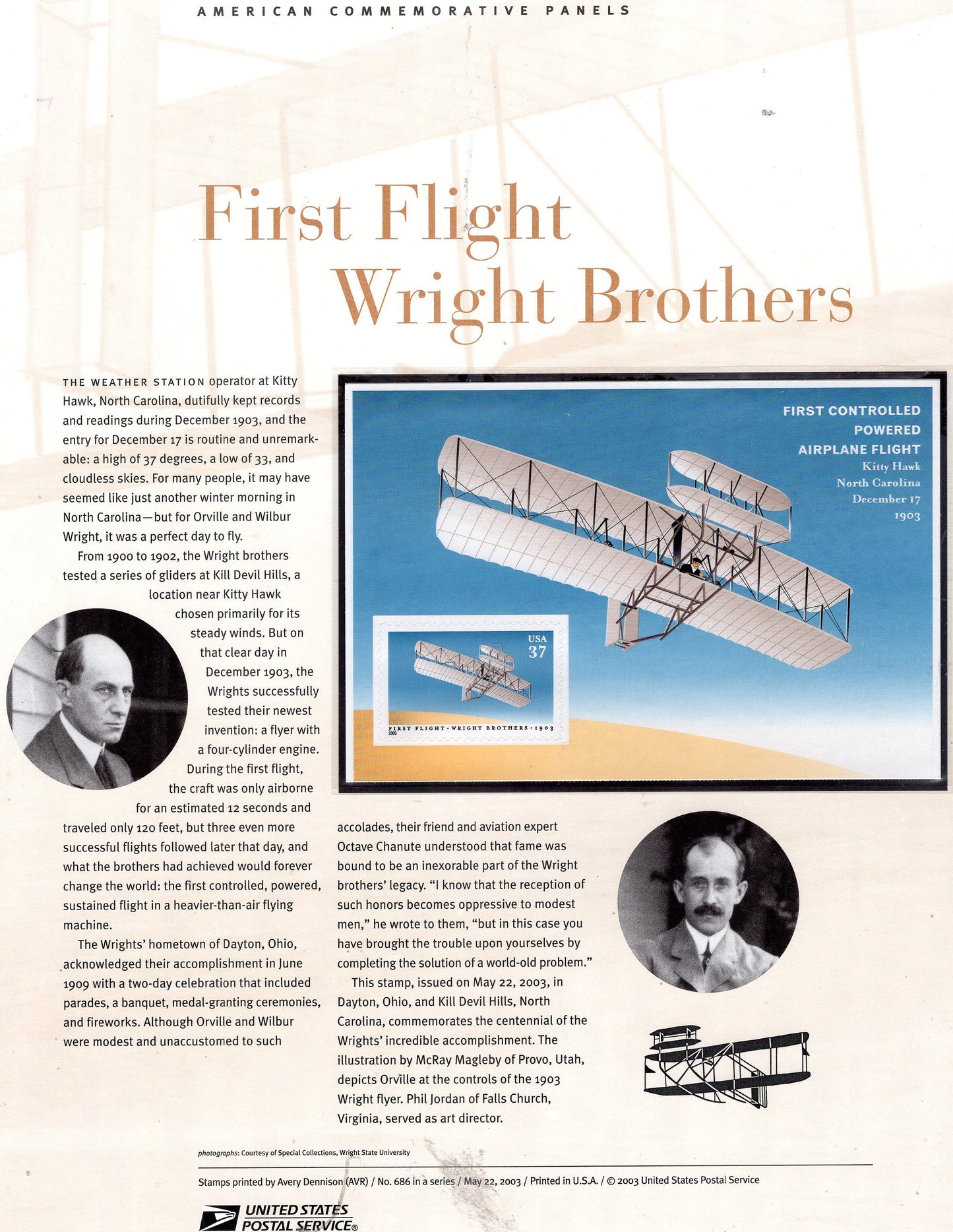 WRIGHT BROTHERS FLIGHT Kitty Hawk Commemorative Panel w/ Pane of 1 Stamp Illustrations Text Great Gift 8.5x11 Vintage 2003 #686-FreeUSA Ship