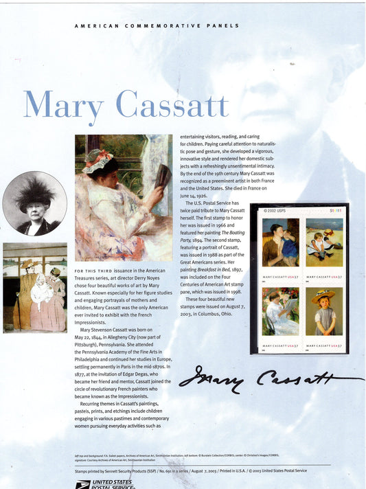 MARY CASSATT PAINTINGS Art Commemorative Panel w/ Block of 4 Stamps Illustrations Descriptive Text Great Gift 8.5x11 691 2003 - Free ShipUSA