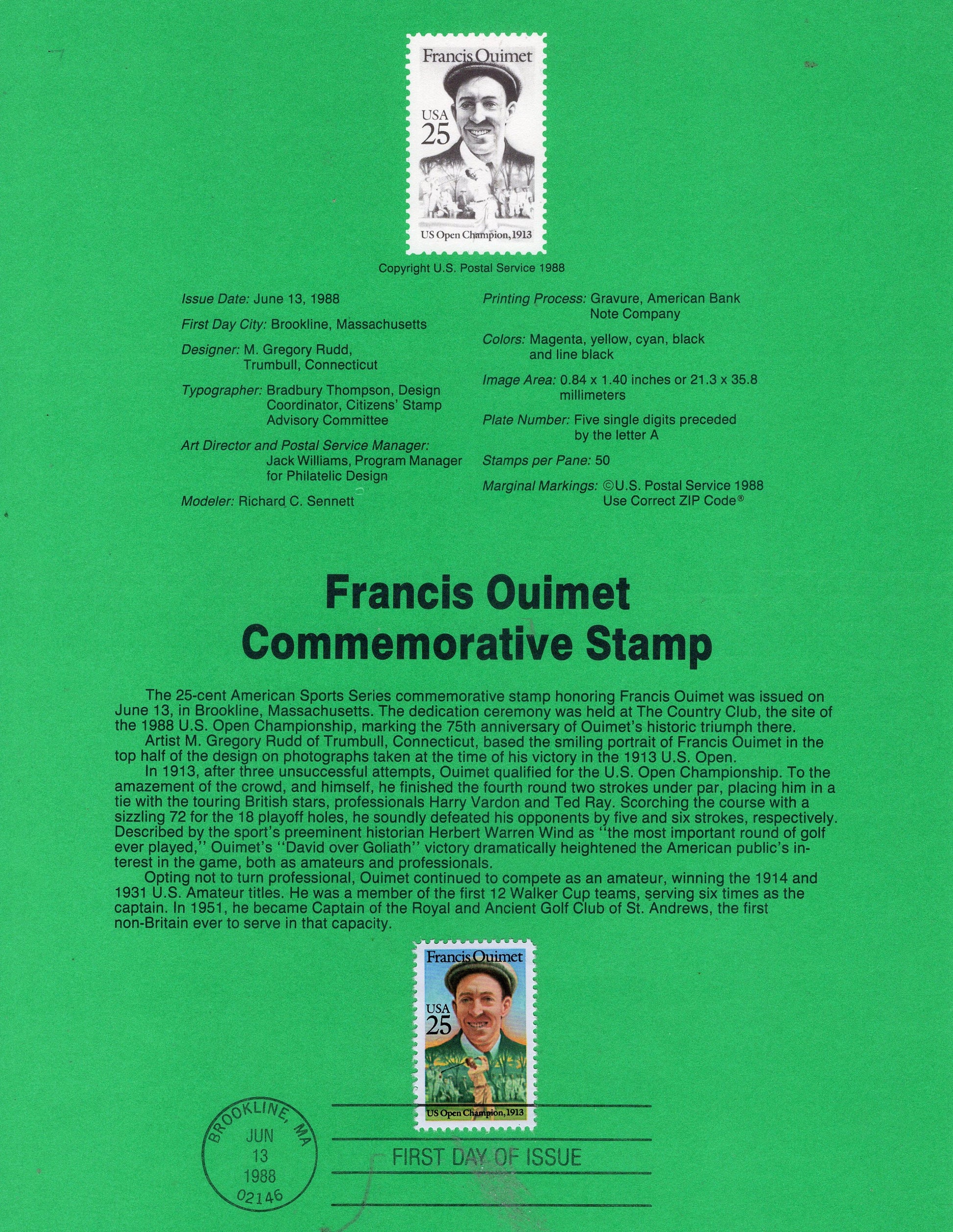 FRANCIS QUIMET GOLF Open Champion Brookline Lowry Official USPs Souvenir Page Stamp First Day + Text- Vintage 1988 - Stock# 2377-FreeShipUSA