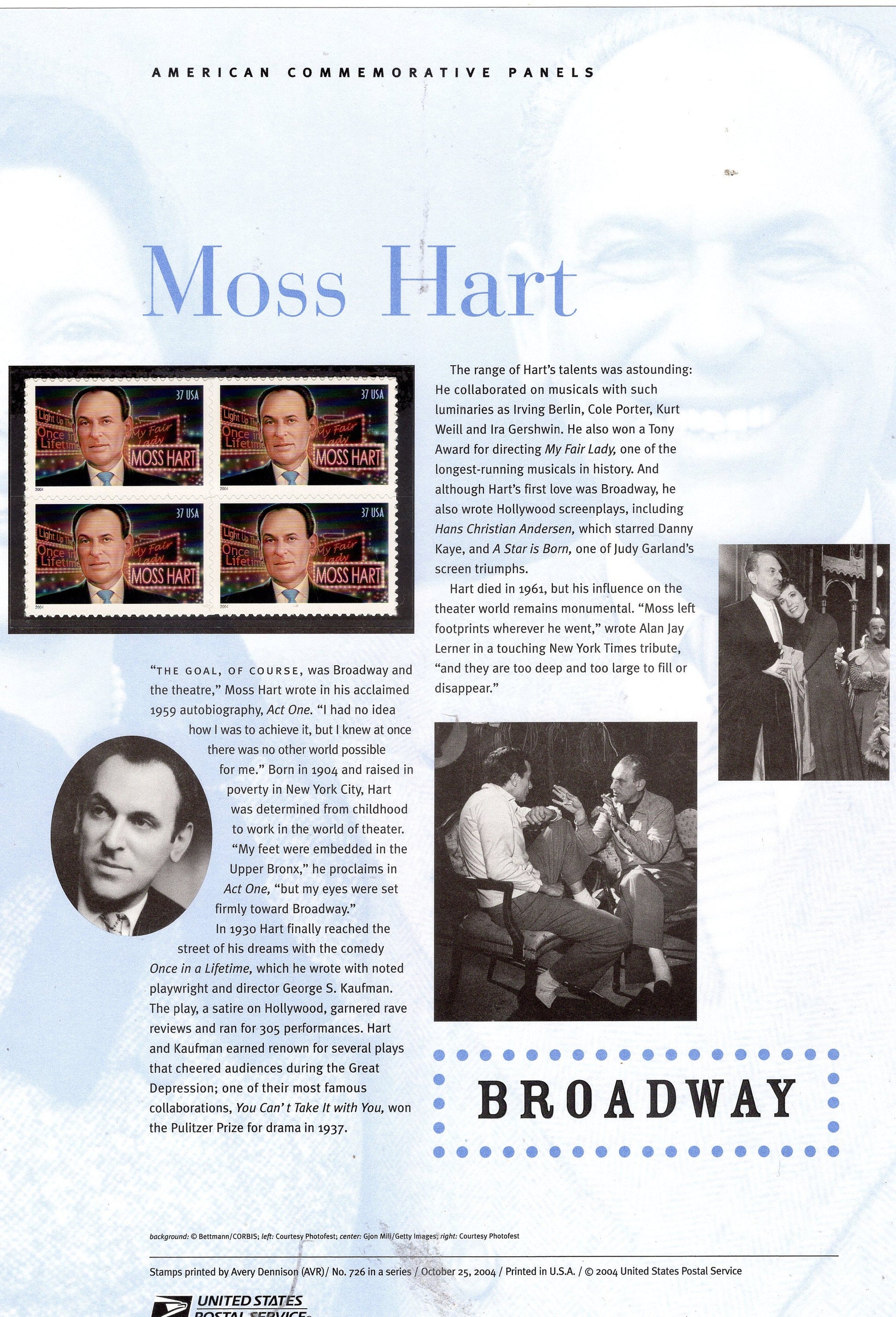 PLAYWRIGHT MOSS HART Broadway Act One Commemorative Panel with Block of 4 Stamps Illustrations Text Great Gift 8.5x11 - 2004 