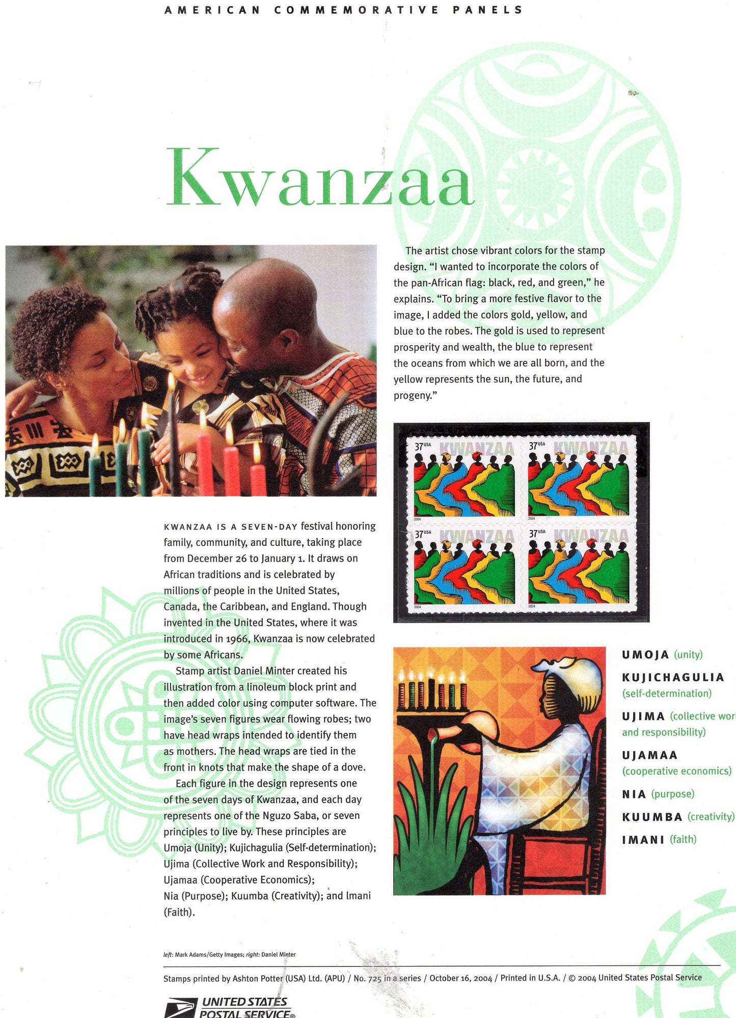 KWANZAA CANDLES FESTIVAL Culture Family Commemorative Panel with Block of 4 Stamps Illustrations Text Great Gift 8.5x11 - 2004 -FreeUSA Ship