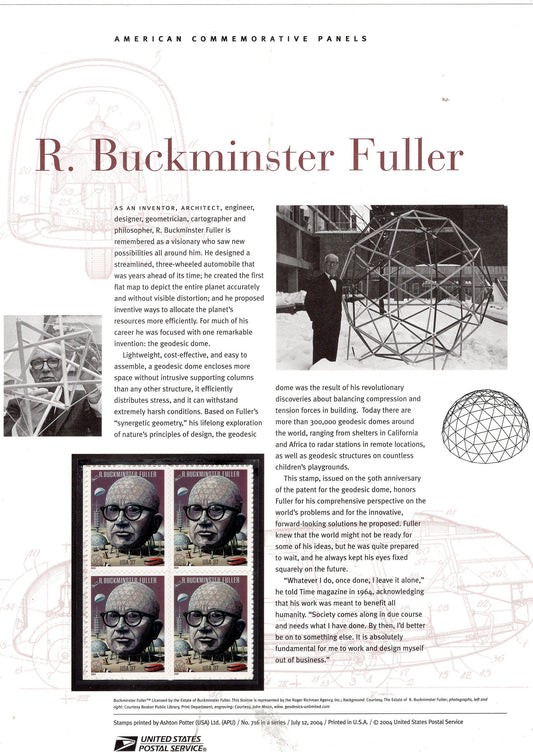 BUCKMINSTER FULLER Inventor Designer Commemorative Panel with Block of 4 Stamps Illustrations Text Great Gift 8.5x11-2004-FreeUSA Ship