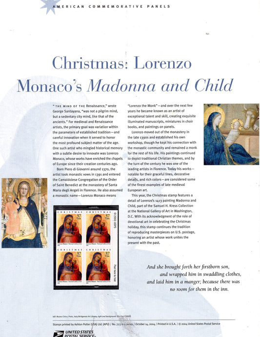 MADONNA CHILD CHRISTMAS Lorenzo Monaco Commemorative Panel with Block of 4 Stamps Illustrations Text Great Gift 8.5x11 -2004