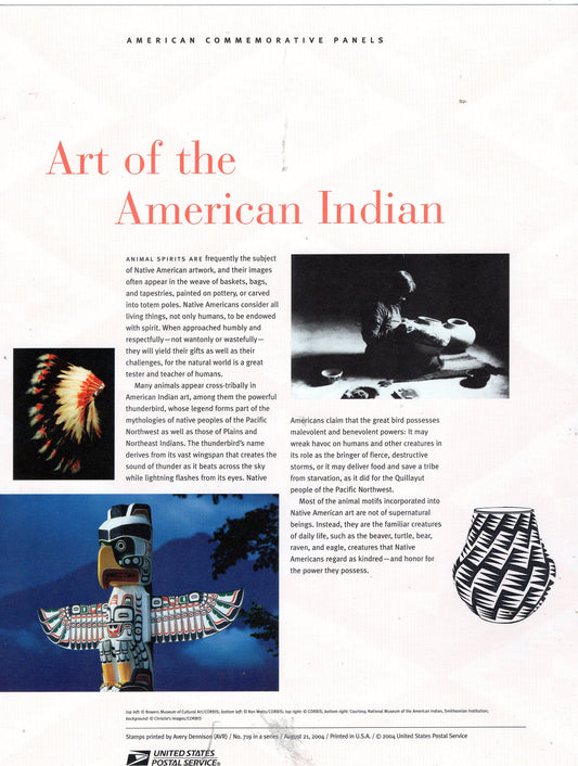 AMERICAN INDIAN ART 2 Commemorative Panels w/ Sheet of 10 Stamps, Illustrated Descriptive Text Great Gift 8.5x11 Year 2004 