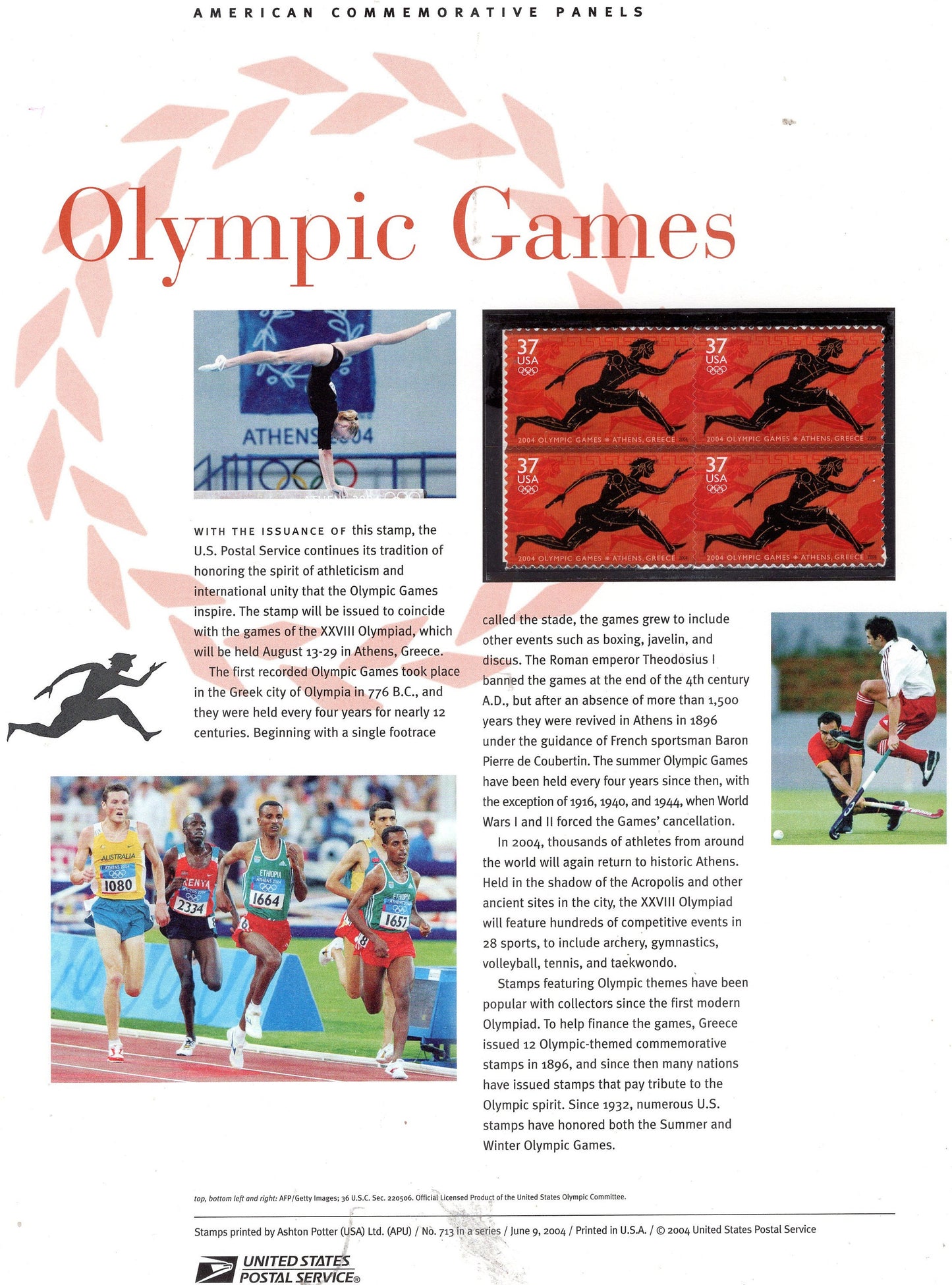 OLYMPIC GAMES ATHENS Sports Classic Runner Commemorative Panel with Block 4 Stamps Illustrations Text Great Gift 8.5x11-2004-FreeUSA Ship