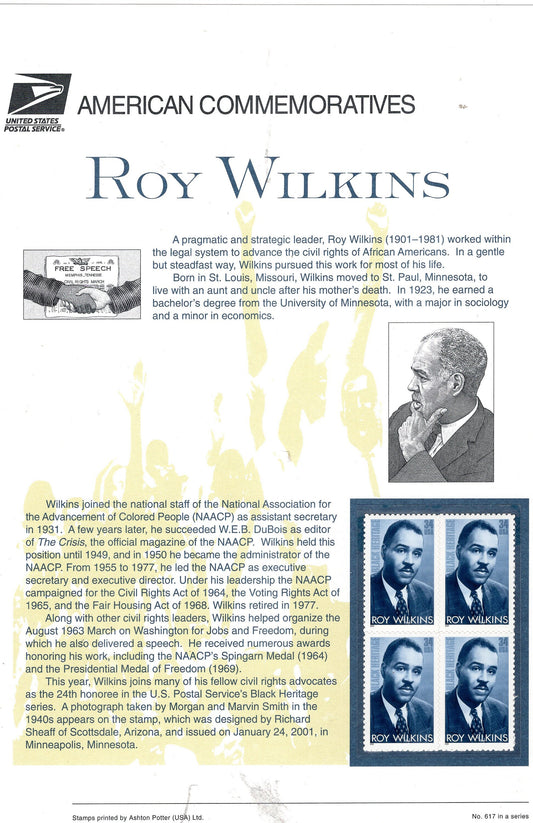 ROY WILKINS NAACP Black Americans Civil Rights Commemorative Panel w/ Block of 4 Stamps Illustrations Text Great Gift 8.5x11