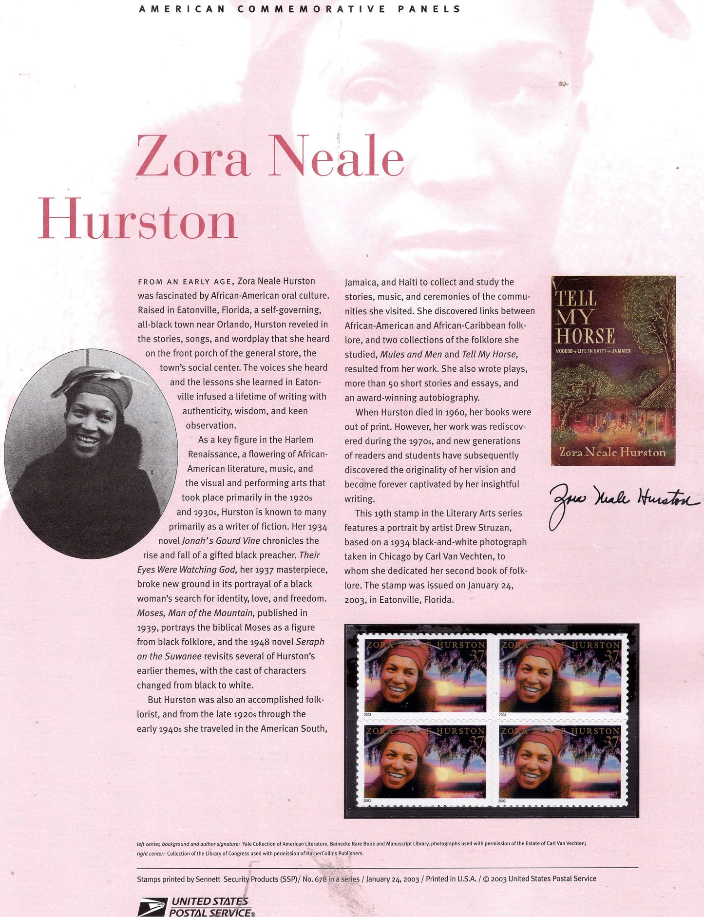 ZORA NEALE HURSTON Black American Renaissance Commemorative Panel with Block of 4 Stamps Illustrations Text Great Gift 8.5x11