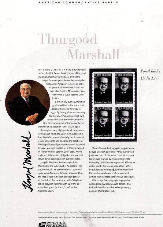 THURGOOD MARSHALL Black American Supreme Court Commemorative Panel with Block of 4 Stamps Illustrations Text Great Gift 8.5x11