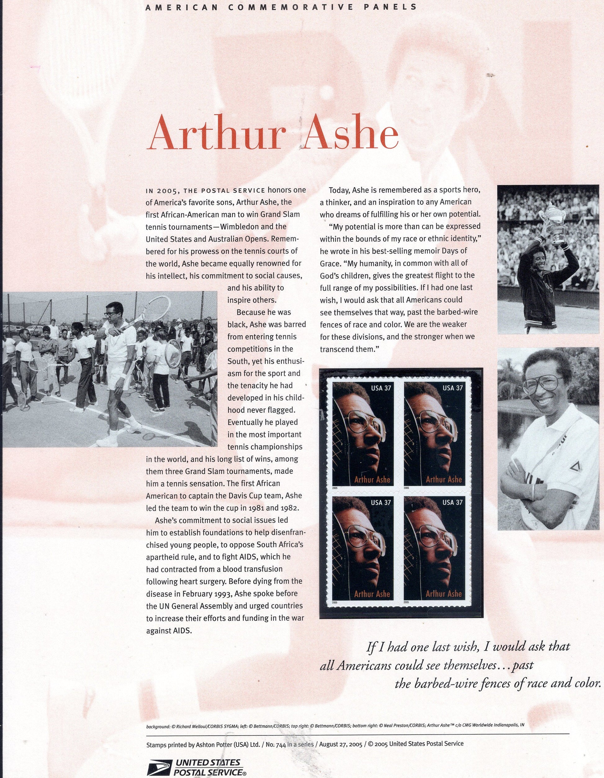 ARTHUR ASHE TENNIS Champion Black American Commemorative Panel with Block of 4 Stamps Illustrations Text Great Gift 8.5x11