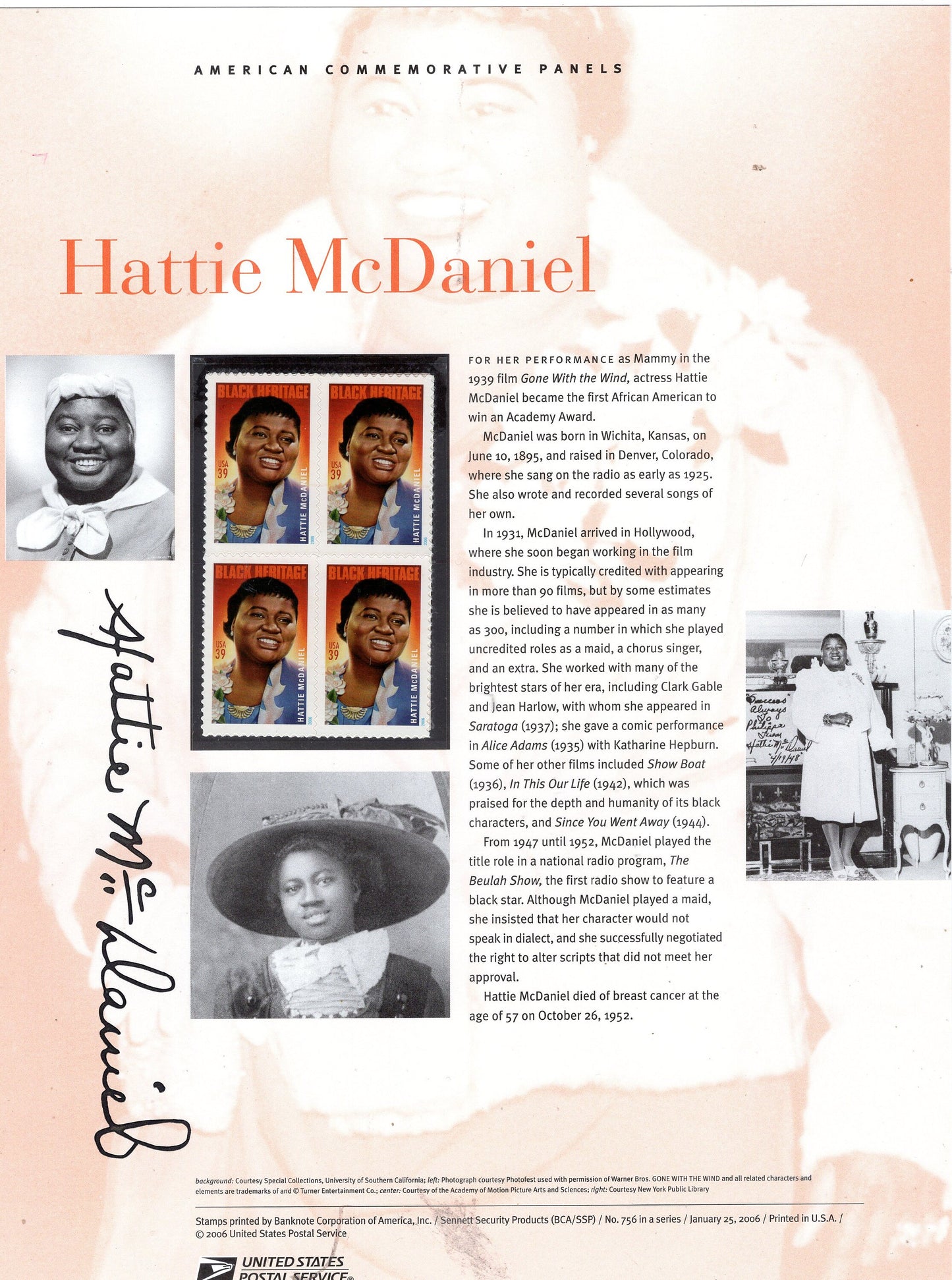 HATTIE McDANIEL Black American Actress Actor Commemorative Panel with Block of 4 Stamps Illustrations Text Great Gift 8.5x11