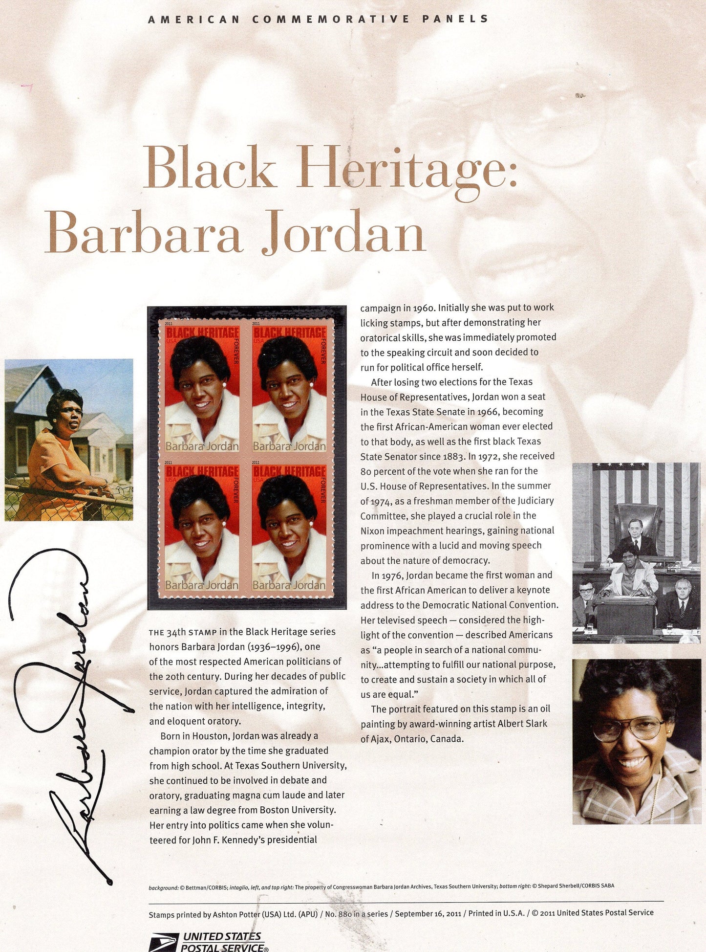 BARBARA JORDAN Black Heritage Americans Politics Commemorative Panel w/ Block of 4 Stamps Illustrations Text Great Gift 8.5x11