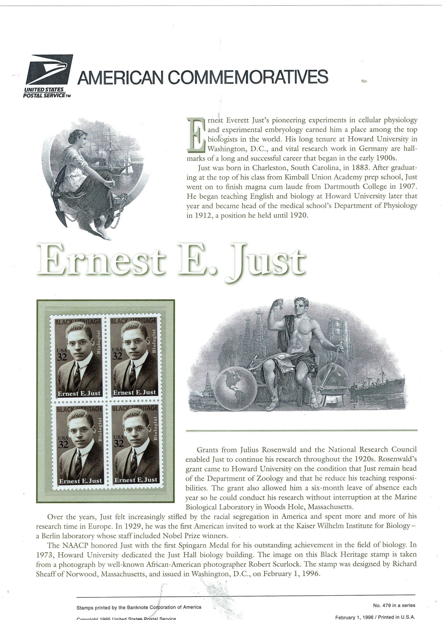 DR ERNEST JUST Black Heritage Scientist Medicine Commemorative Panel w/ Block 4 Stamps Illustrations Text Great Gift 8.5x11 -'96 FreeShipUSA