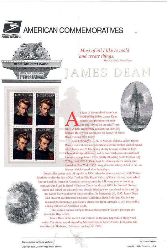 JAMES DEAN ACTOR Rebel Without A Cause Movies Film Cinema Commemorative Panel 4 Stamps Illustrations Text Great Gift 8.5x11 '96-FreeUSA Ship