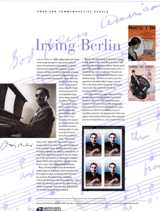 COMPOSER IRVING BERLIN Commemorative Panel w/ Block of 4 Stamps Illustrations Text Great Gift 8.5x11 Vintage 2002 Stk# 665 