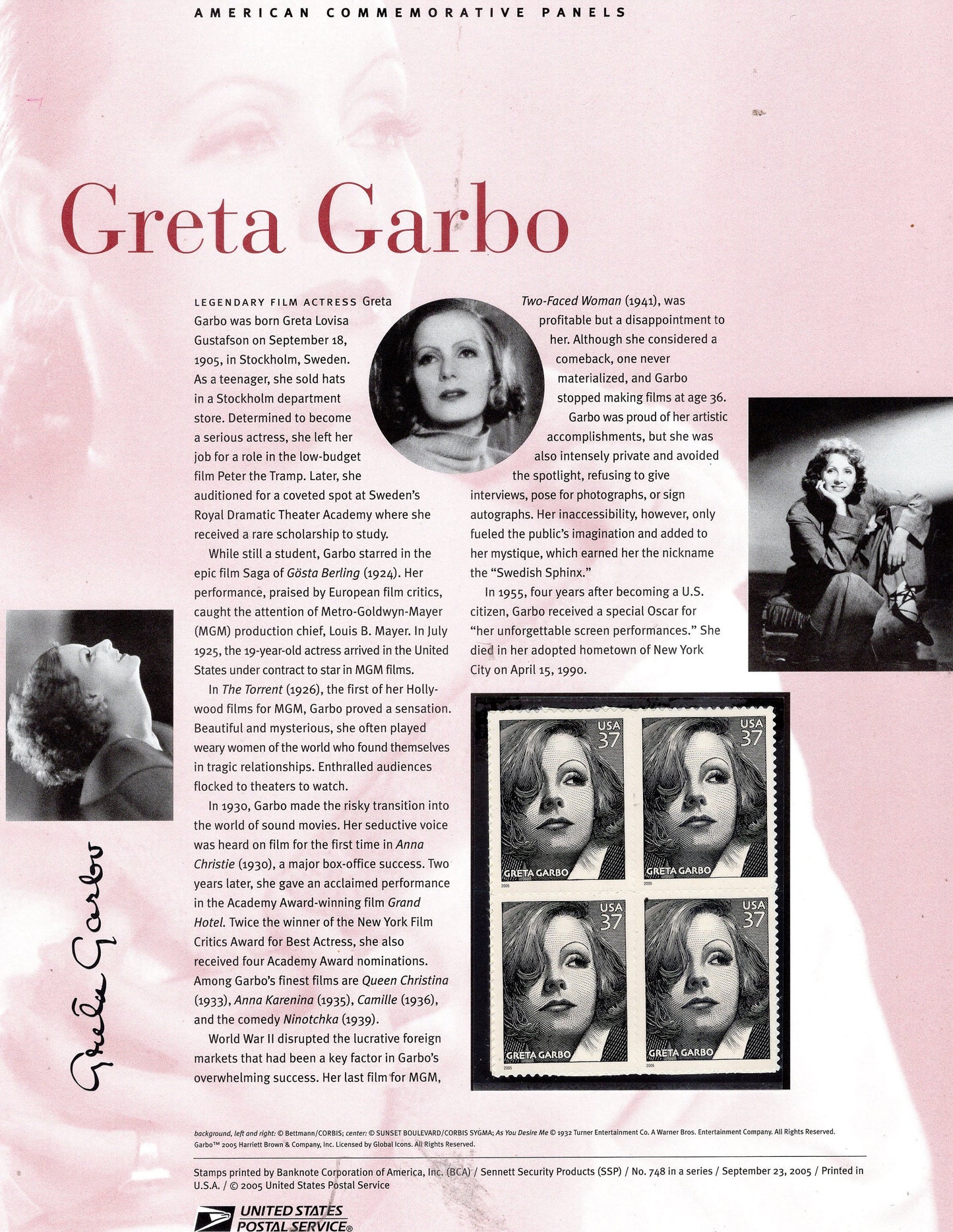 GRETA GARBO HOLLYWOOD Legend Commemorative Panel w/ Block of 4 Stamps Illustrations Text Great Gift 8.5x11 Vintage 2005 Sk# 748-FreeUSA Ship