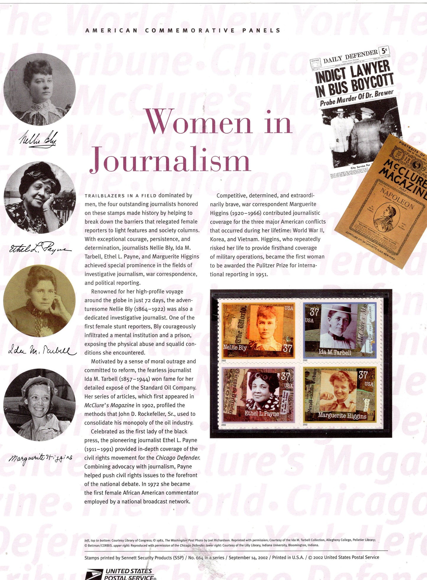 WOMEN in JOURNALISM BLY Payne Commemorative Panel w/ Block of 4 Stamps Illustrations Text Great Gift 8.5x11 Issue 2002 #664-FreeUSA Ship