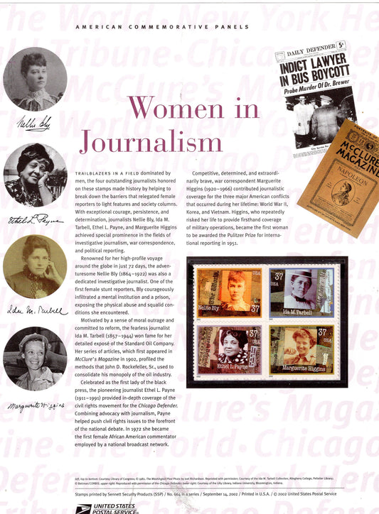 WOMEN in JOURNALISM BLY Payne Commemorative Panel w/ Block of 4 Stamps Illustrations Text Great Gift 8.5x11 Issue 2002 #664-FreeUSA Ship