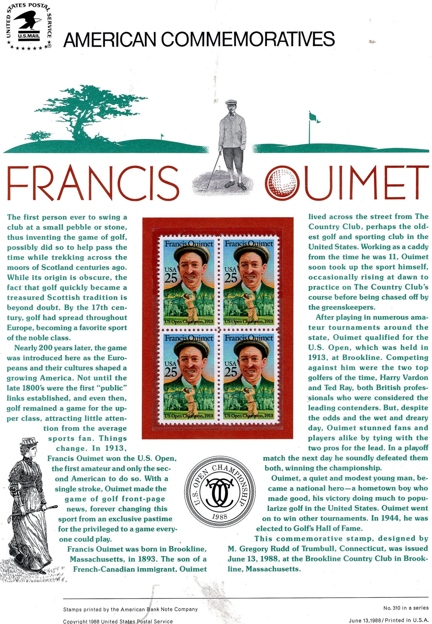 FRANCIS OUIMET GOLF Open Champion Commemorative Panel w/Block of 4 Stamps Illustrations Text Great Gift 8.5x11 -Year 1988 #310- FreeUSA Ship