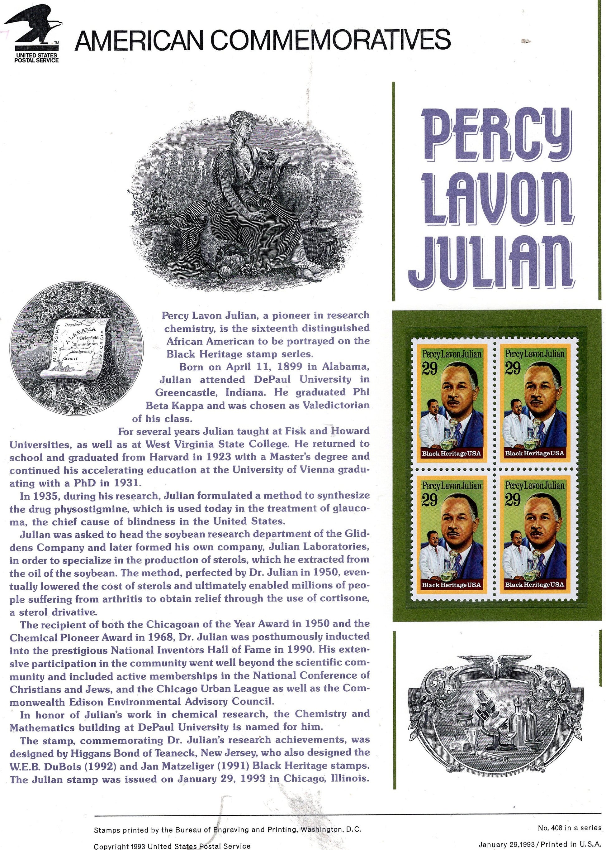 PERCY JULIAN BLACK Heritage Chemist Commemorative Panel w/Block of 4 Stamps Illustrations Text Great Gift 8.5x11-Year 1993 #408 -FreeShipUSA