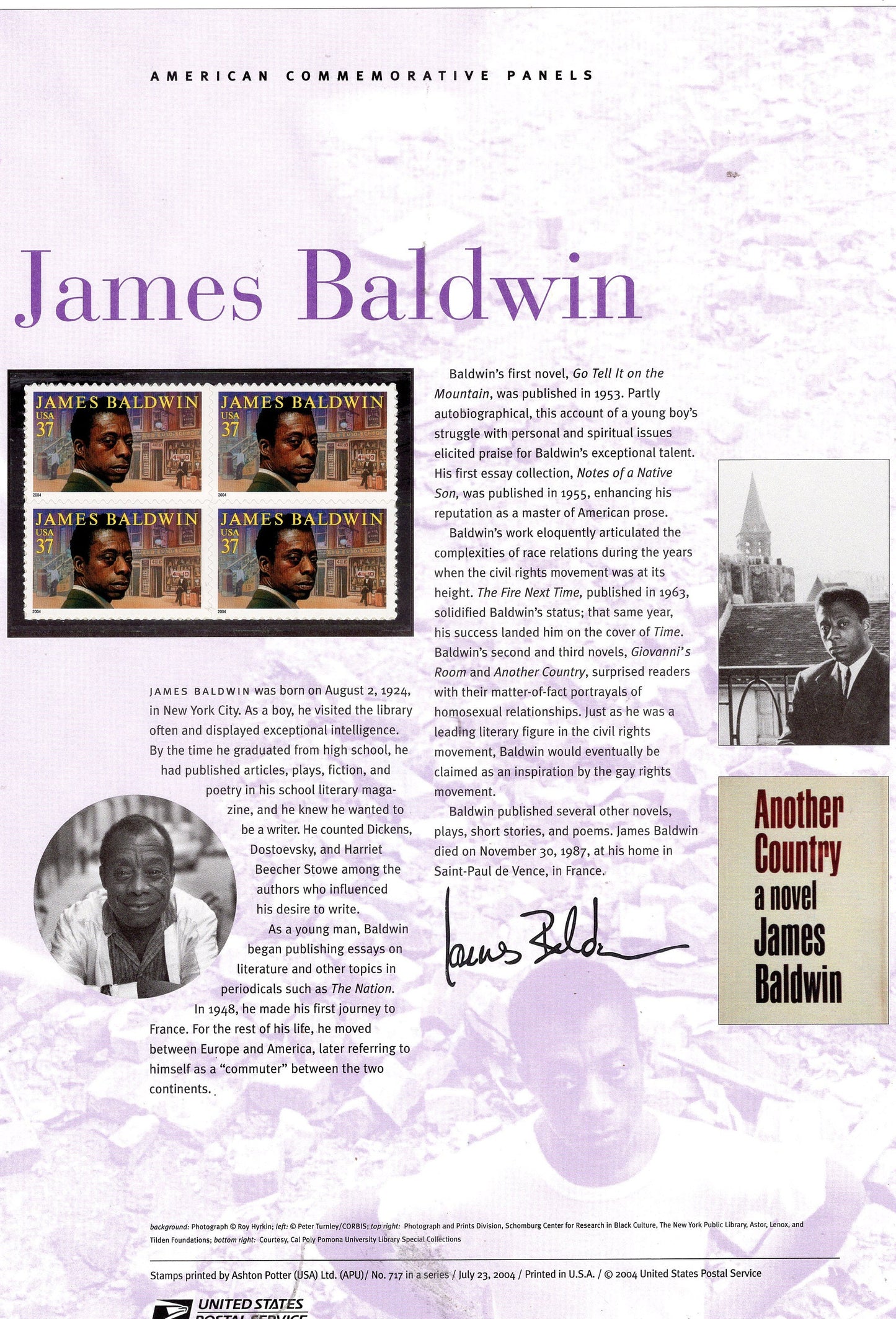 JAMES BALDWIN AUTHOR Writer Black American Commemorative Panel with Block of 4 Stamps Illustrations Text Great Gift 8.5x11-2004-FreeUSA Ship