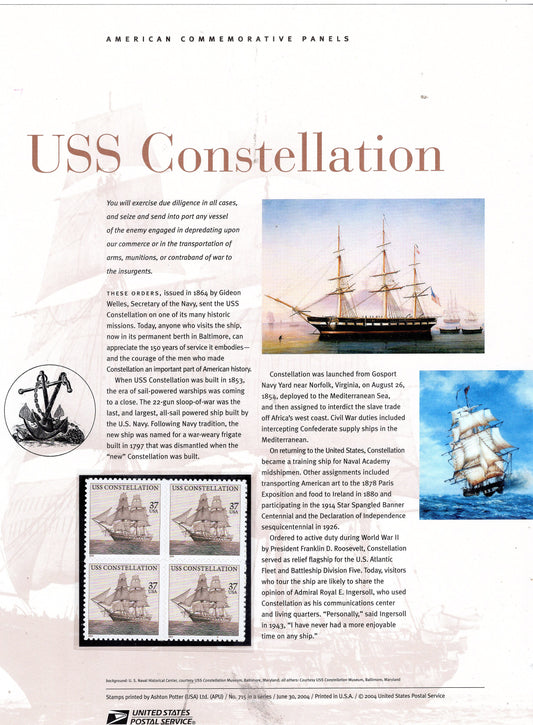 US CONSTELLATION NAVY Academy War Commemorative Panel with Block of 4 Stamps Illustrations Text Great Gift 8.5x11 - 2004 