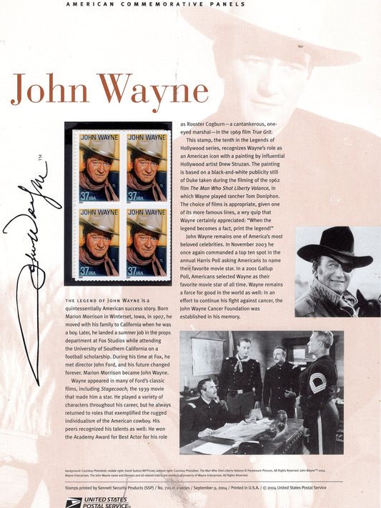 JOHN WAYNE ACTOR Award Marion Morrison Commemorative Panel with Block of 4 Stamps Illustrations Text Great Gift 8.5x11 -2004-FreeUSA Ship