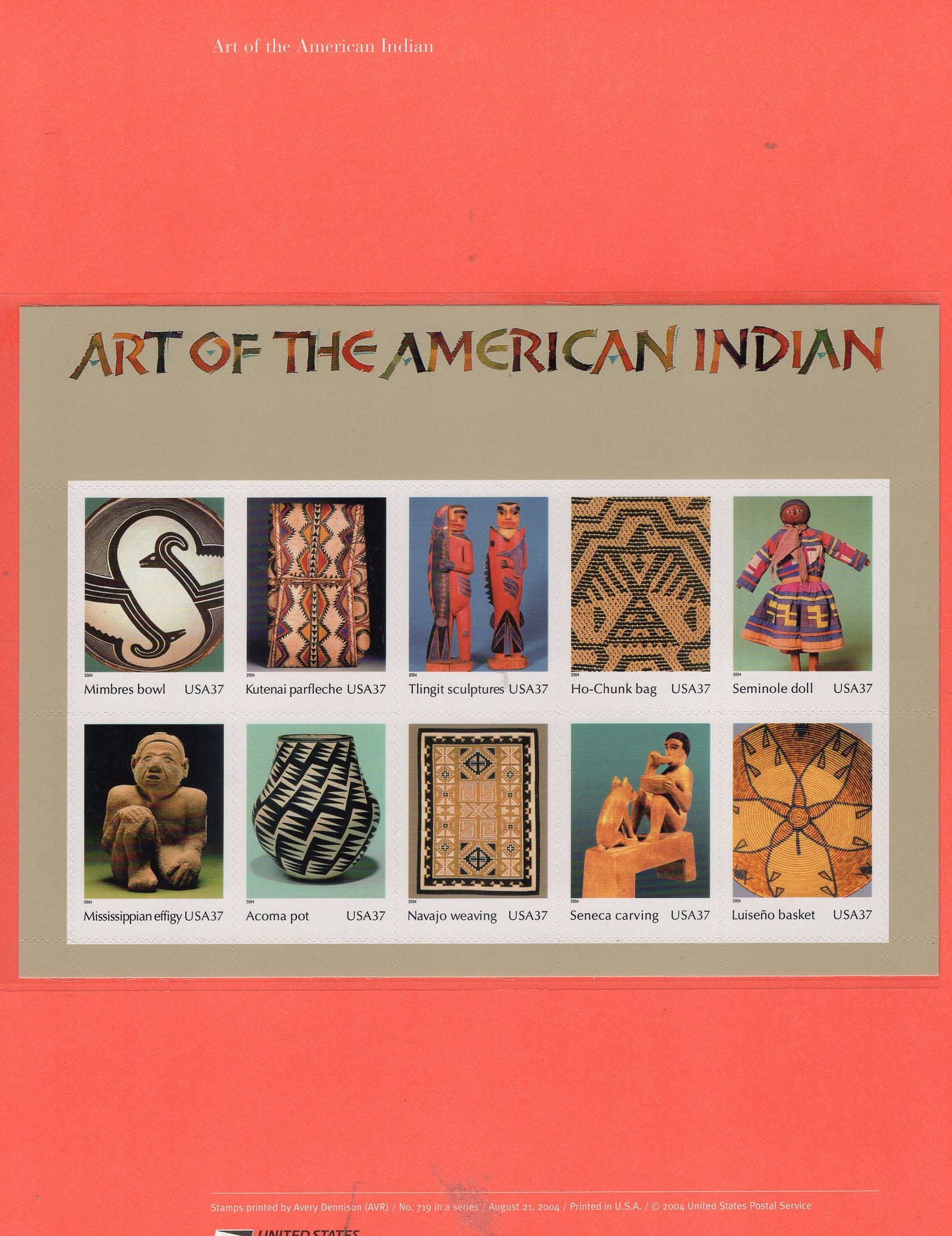 AMERICAN INDIAN ART 2 Commemorative Panels w/ Sheet of 10 Stamps, Illustrated Descriptive Text Great Gift 8.5x11 Year 2004 