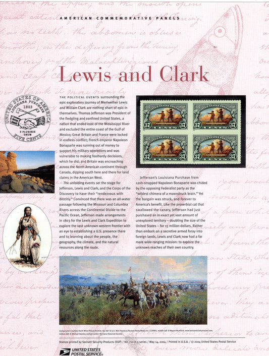 LEWIS and CLARK EXPEDITIONS Louisiana Purchase Commemorative Panel with Block 4 Stamps Illustrations Text Great Gift 8.5x11-2004-FreUSA Ship