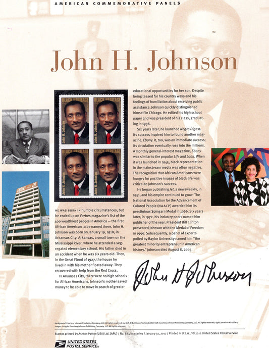 JOHN JOHNSON Black Heritage Businessman Ebony Commemorative Panel w/ Block of 4 Stamps Illustrations Text Great Gift 8.5x11