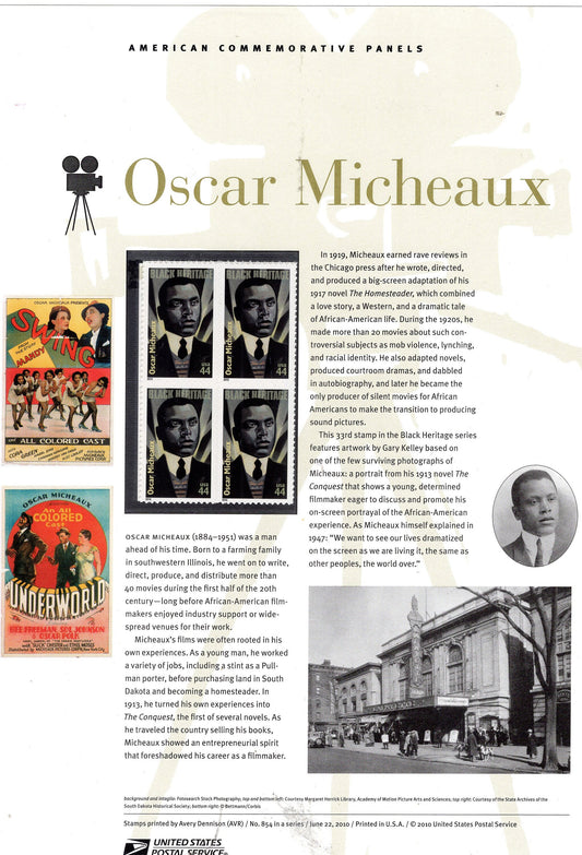 OSCAR MICHEAUX Black Heritage Movies Film Novelist Commemorative Panel w/ Block 4 Stamps Illustrations Text Great Gift 8.5x11-FreeUSA Ship