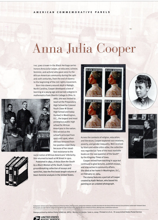 ANNA JULIA COOPER Black Heritage Educator Feminist Commemorative Panel w/ Block 4 Stamps Illustrations Text Great Gift 8.5x11-FreeUSA Ship