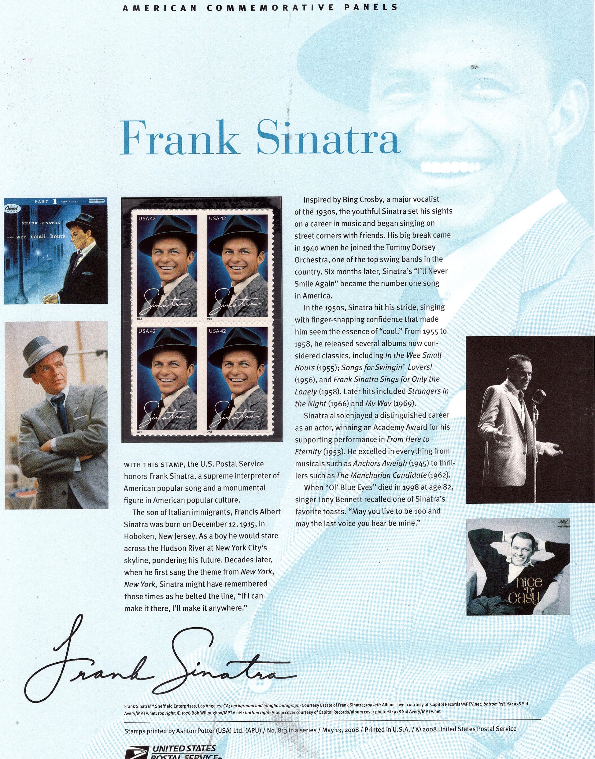 FRANK SINATRA SINGER Actor Cinema Academy Award Commemorative Panel w/ 4 Stamps Illustrations Text Great Gift 8.5x11 - 2008 - FreeUSA Ship