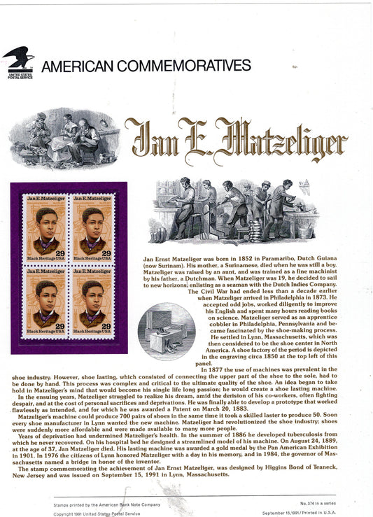 JAN MATZELIGER Black Heritage American Inventor Commemorative Panel w/ Block of 4 Stamps IllustrationsText Great Gift 8.5x11 '91-FreeShipUSA