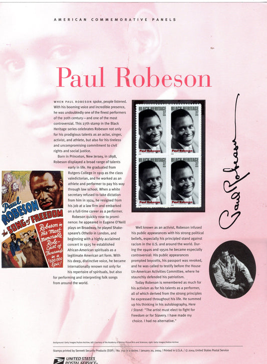 PAUL ROBESON Black Heritage Actor Singer Rights Commemorative Panel with Block of 4 Stamps Illustrations Text Great Gift 8.5x11 -FreeShipUSA