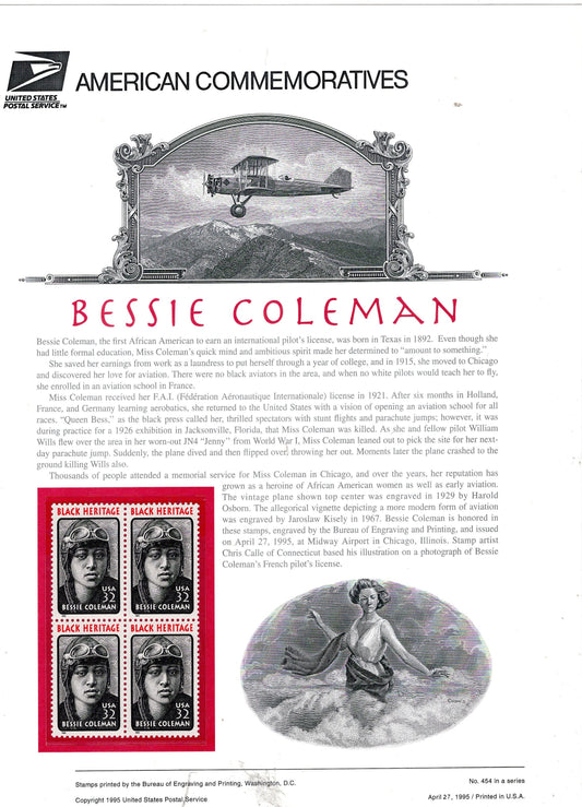 BESSIE COLEMAN Black Heritage Aviator Plane Pilot Commemorative Panel w/ Block of 4 Stamps Illustrations Text Great Gift 8.5x11-95 FreShpUSA