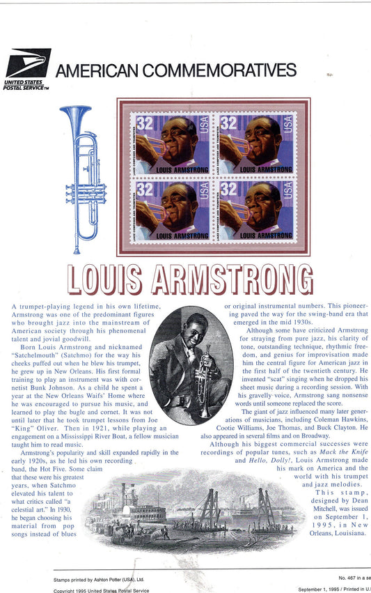 LOUIS ARMSTRONG Black Heritage Jazz Music Trumpet Commemorative Panel w/ Block of 4 Stamps Illustrations Text Great Gift 8.5x11-95 FreShpUSA