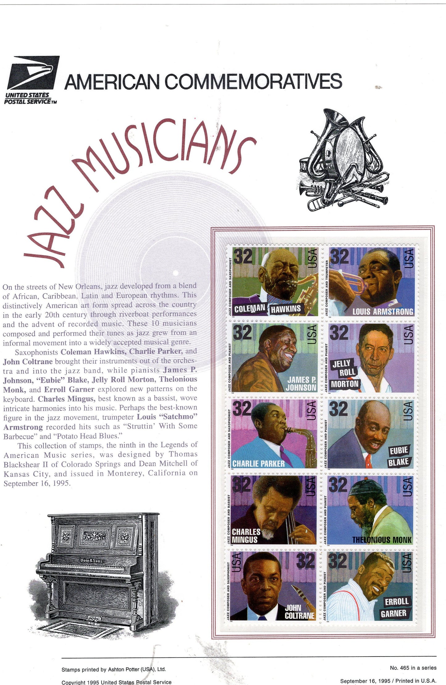 8 JAZZ MUSICIANS Black Heritage inc PARKER Music Commemorative Panel w/ Block of 4 Stamps Illustrations Text Great Gift 8.5x11-95 FreeShpUSA