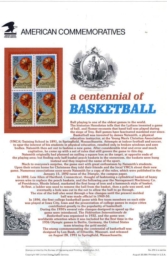 BASKETBALL CENTENNIAL NAISMITH Sport Hoop Commemorative Panel with Stamps - Illustrations - Text - Great Gift - 8.5x11 