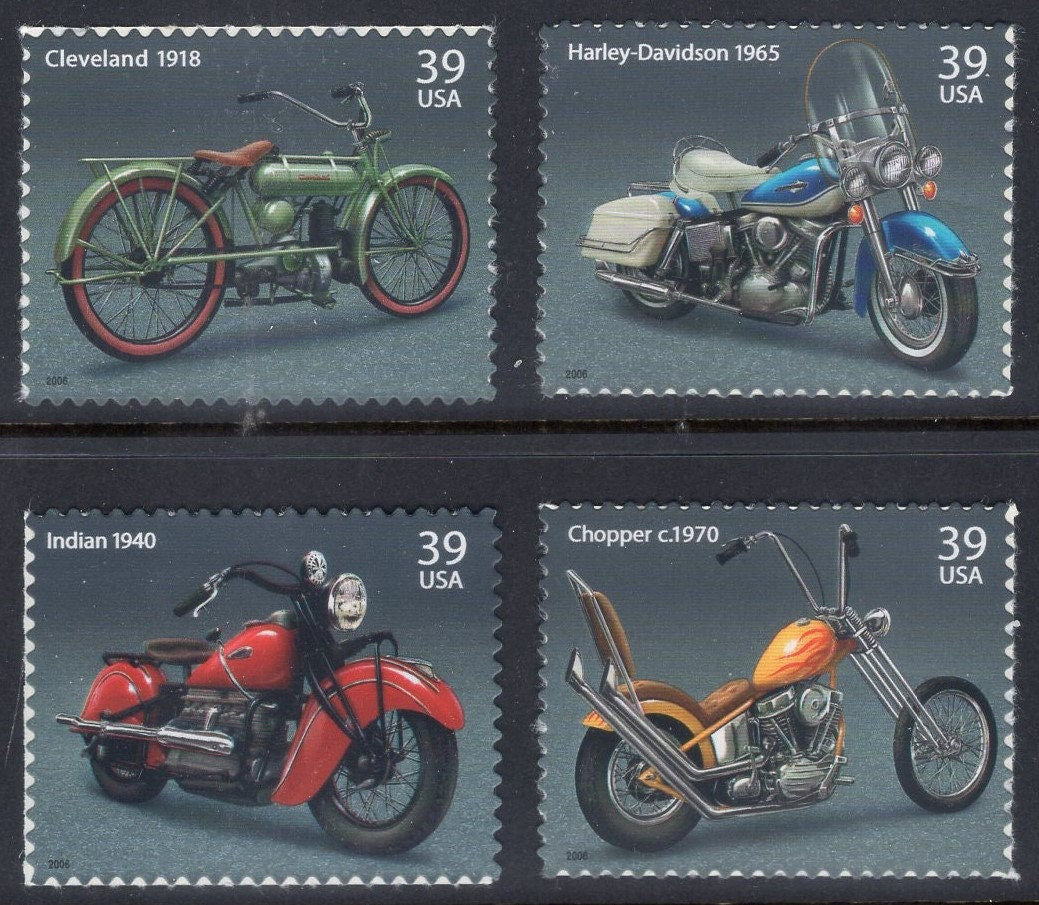 8 MOTORCYCLES - 2 each of: HARLEY-DAVIDSON Indian Cleveland Generic Chopper Bright Fresh USa Postage Stamps - Stock# 4085 -Free Usa Ship