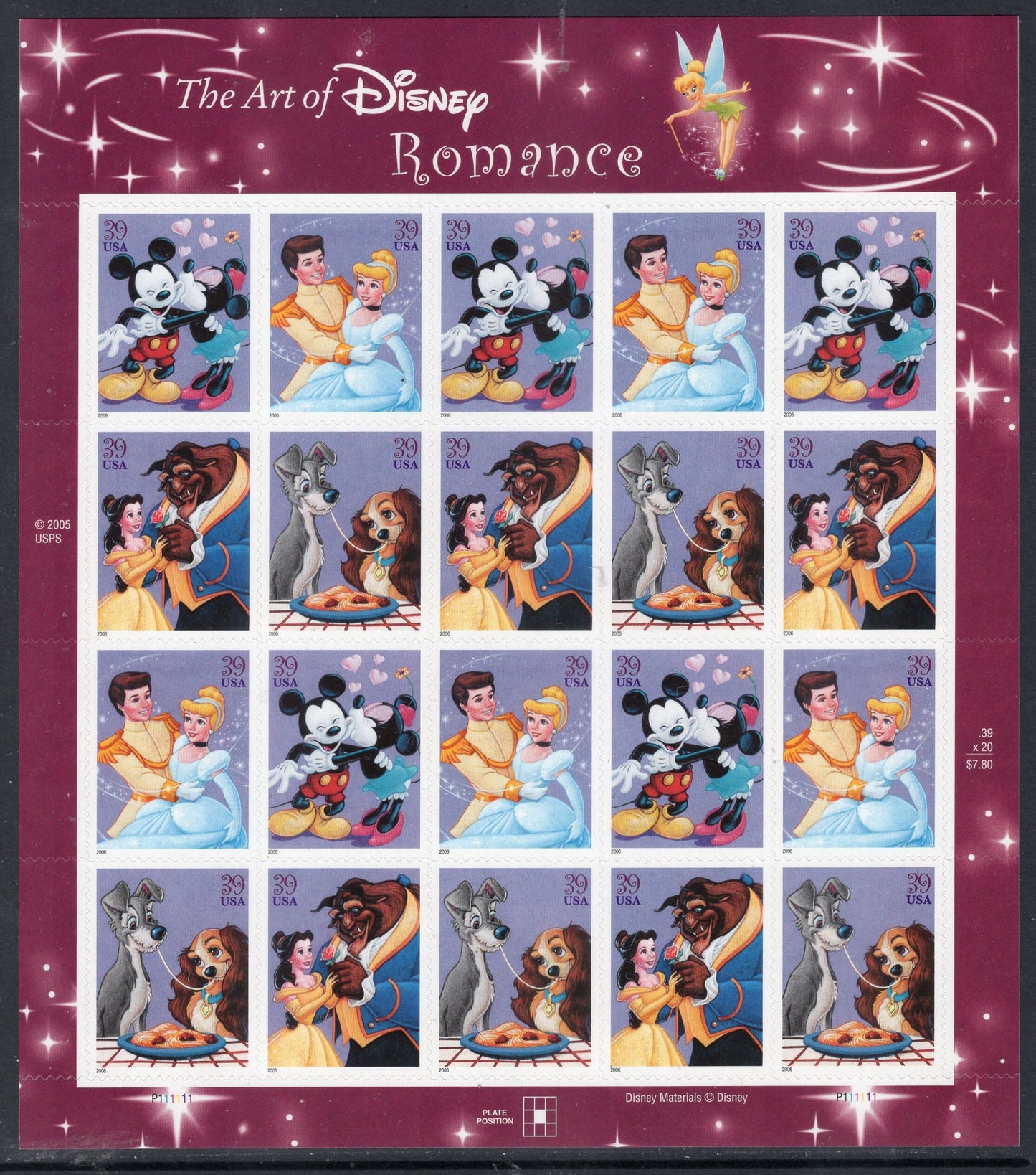 DISNEY COMPLETE COLLECTION of 5 Sheets of 20 Friendship Romance Magic Celebration Image Fresh Bright USa - Vintage 2004-2008 